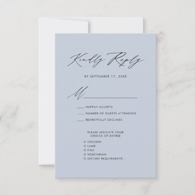 Dusty Blue Elegant Script Minimalist Wedding RSVP (Front)