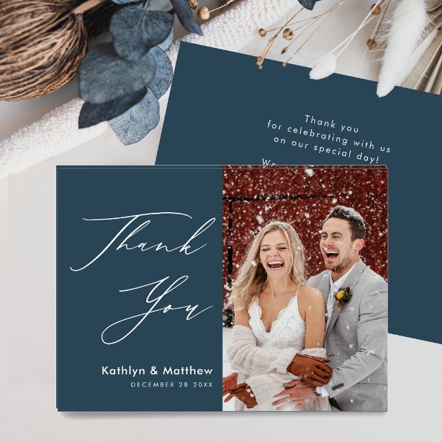 Dusty Blue Elegant Script Modern Photo Wedding Thank You Card (Creator Uploaded)