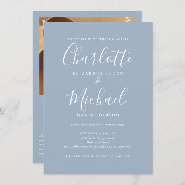 Dusty Blue Elegant Script QR Code Photo Wedding Invitation (Front/Back)