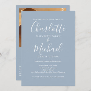 Dusty Blue Elegant Script QR Code Photo Wedding Invitation
