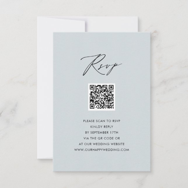 Dusty Blue Elegant Script Simple QR Wedding RSVP Card (Front)