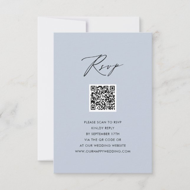 Dusty Blue Elegant Script Simple QR Wedding RSVP Card (Front)