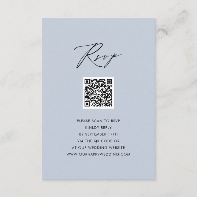 Dusty Blue Elegant Script Simple QR Wedding RSVP Enclosure Card (Front)