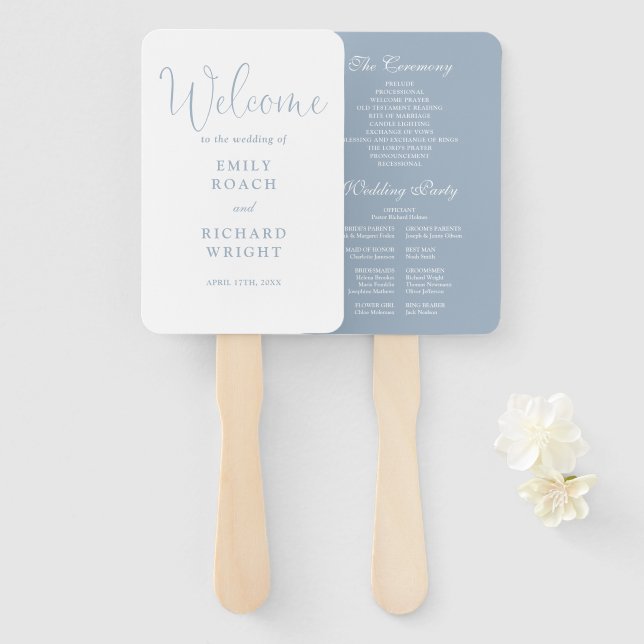 Dusty Blue Elegant Script Wedding Program Hand Fan (Front and Back)