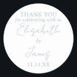Dusty Blue Elegant Script Wedding Thank You Classic Round Sticker<br><div class="desc">This dusty blue minimalist elegant script wedding thank you sticker can be personalised with your information in chic typography. Designed by Thisisnotme©</div>