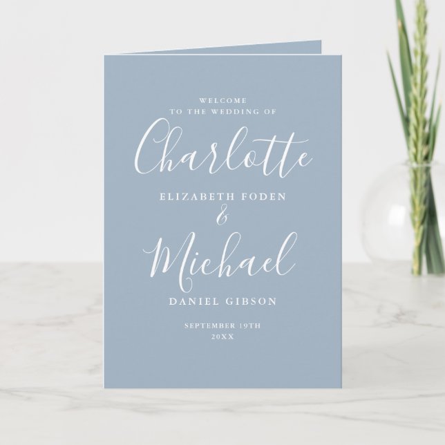 Dusty Blue Elegant Signature Script Wedding  Programme (Front)