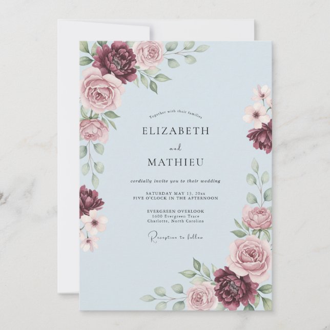 Dusty Blue Elegant Traditional Wedding Invitation (Front)