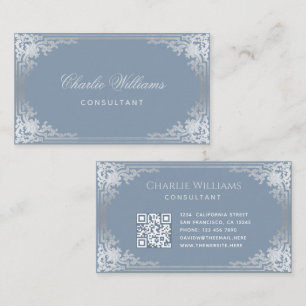 Dusty Blue Elegant Vintage Calligraphy QR Code Business Card