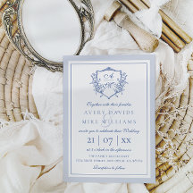 Dusty Blue Elegant Vintage Roses Crest Wedding