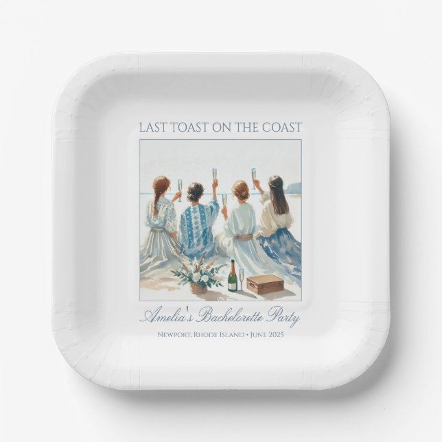 Dusty Blue Elegant Watercolor Coastal Last Toast Paper Plate (Front)