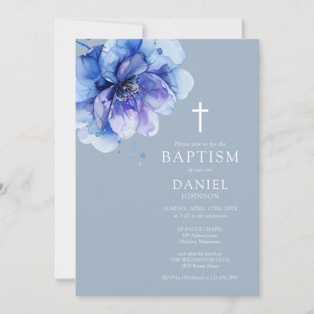 Dusty Blue Elegant Watercolor Floral Baptism Invitation (Front)