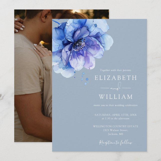Dusty Blue Elegant Watercolor Floral Photo Wedding Invitation (Front/Back)