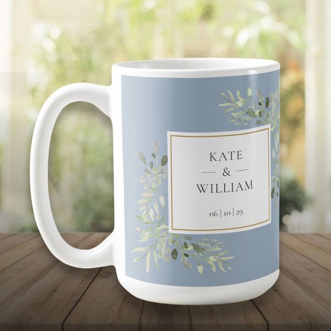 Dusty Blue Elegant Watercolor Greenery Wedding Coffee Mug (Dusty Blue Elegant Watercolor Greenery Wedding Coffee Mug)