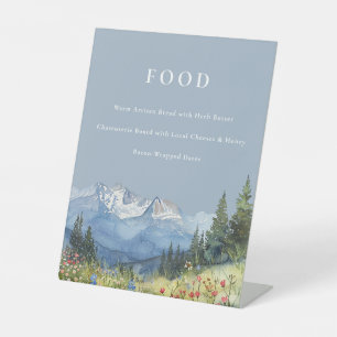 Dusty Blue Elegant Watercolor Mountain Food Menu Pedestal Sign