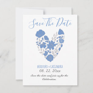 Dusty Blue Elegant White Gray Floral Heart Wedding Save The Date