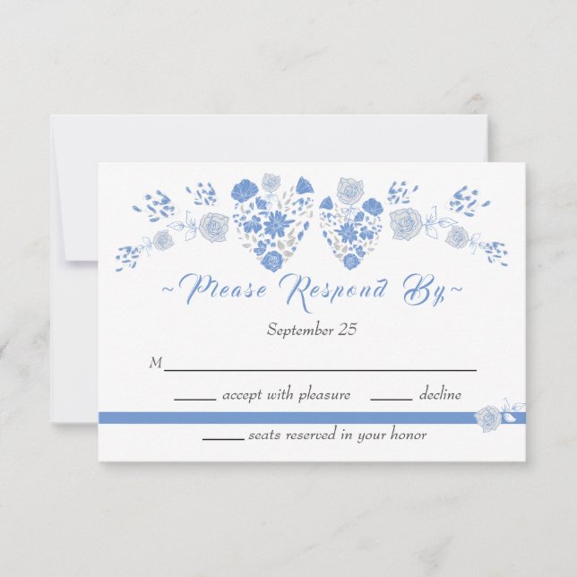 Dusty Blue Elegant White Grey Floral Heart Wedding Invitation (Front)