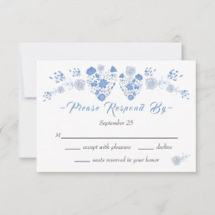 Dusty Blue Elegant White Grey Floral Heart Wedding Invitation