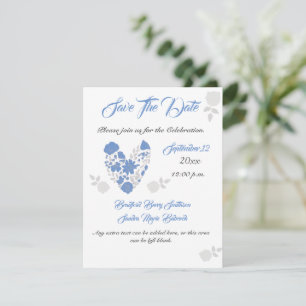 Dusty Blue Elegant White Grey Floral Heart Wedding Save The Date