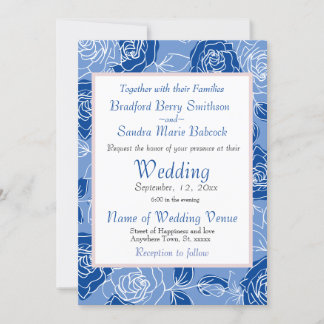 Dusty Blue Elegant White Grey Floral Rose Wedding Invitation