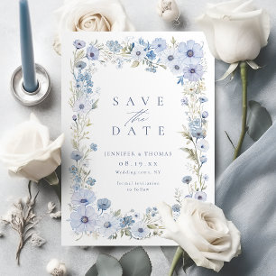 Dusty Blue Elegant Wildflower Border Wedding Save The Date