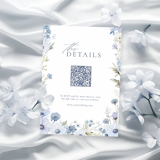 Dusty Blue Elegant Wildflower QR code details Card (Dusty Blue Elegant Wildflower QR code details Note Card)
