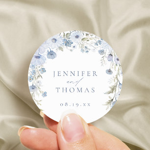 Dusty Blue Elegant Wildflower Wedding Favors Classic Round Sticker