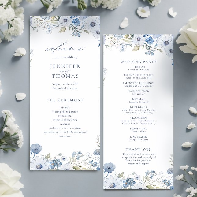 Dusty Blue Elegant Wildflower Wedding Programme (Dusty Blue Elegant Wildflower Wedding Program)