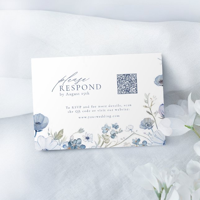 Dusty Blue Elegant Wildflower Wedding QR code  RSVP Card (Dusty Blue Elegant Wildflower Wedding QR code RSVP Card)