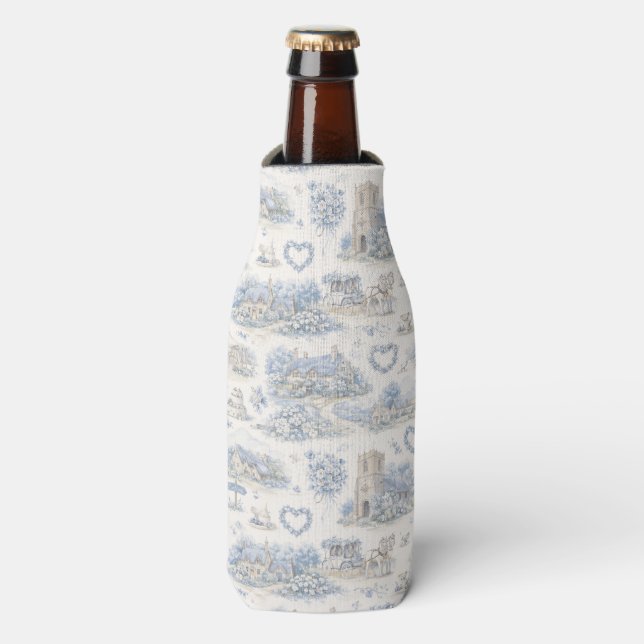 Dusty Blue English Village Wedding Watercolor Bottle Cooler (Bottle Front)