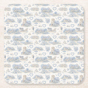 Dusty Blue English Village Wedding Watercolor Square Paper Coaster