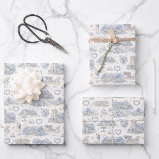 Dusty Blue English Village Wedding Watercolor Wrapping Paper Sheet