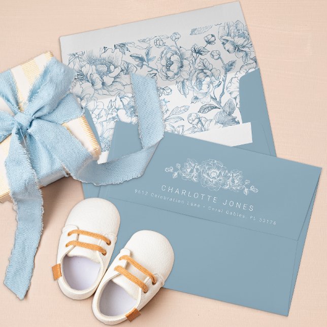 Dusty Blue Envelope with Floral Liner – Elegant  (Dusty Blue Chinoiserie Envelope)