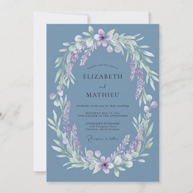 Dusty Blue Ethereal Floral Wedding Invitation (Front)