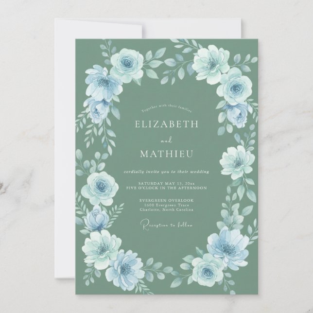 Dusty Blue Ethereal Flourish Wedding Invitation (Front)