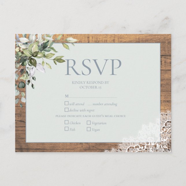 Dusty Blue Eucalyptus Botanical Wood Lace RSVP Invitation Postcard (Front)