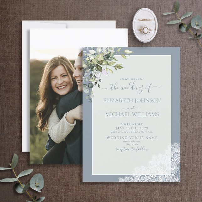 Dusty Blue Eucalyptus Botanical Wood Photo Wedding Invitation (Creator Uploaded)