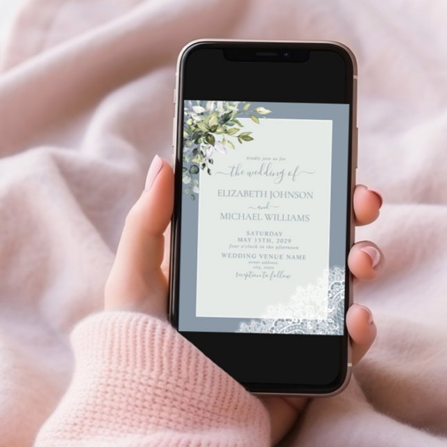 Dusty Blue Eucalyptus Botanical Wood Photo Wedding Invitation (Creator Uploaded)