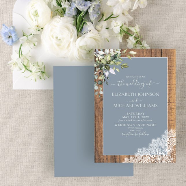 Dusty Blue Eucalyptus Botanical Wood Wedding Invit Invitation (Creator Uploaded)