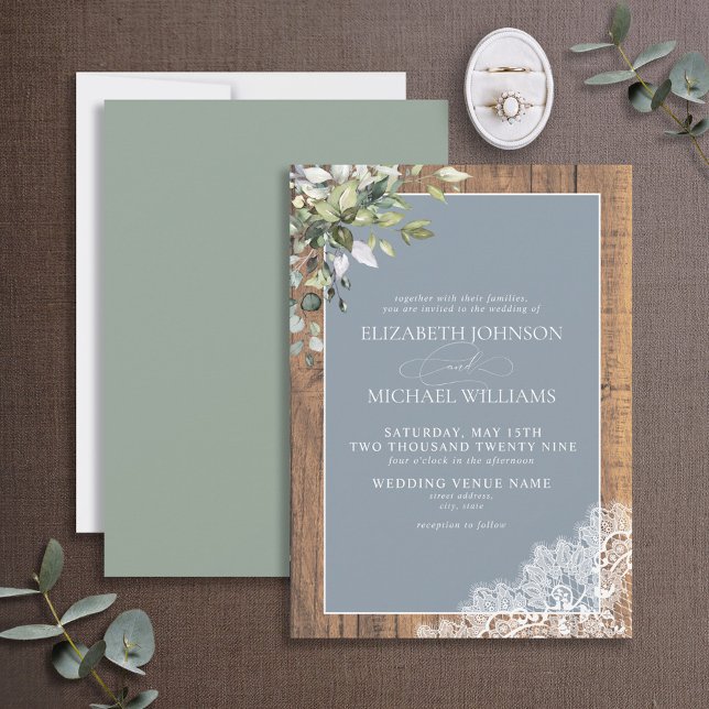 Dusty Blue Eucalyptus Botanical Wood Wedding Invit Invitation (Creator Uploaded)