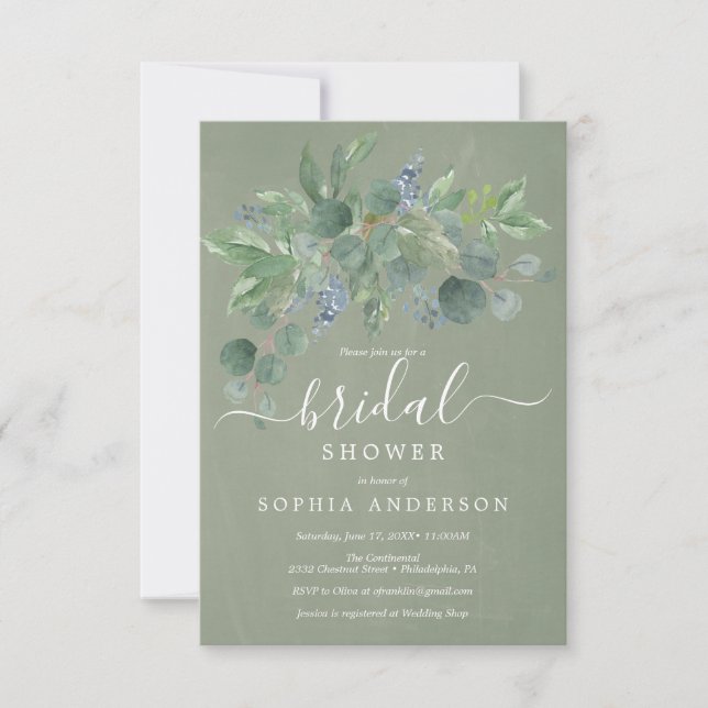 Dusty Blue Eucalyptus Bridal Shower Invitations (Front)