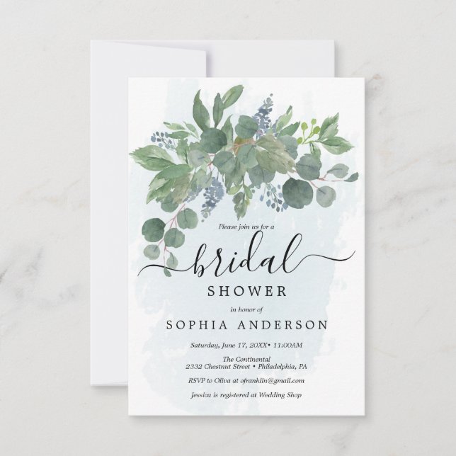 Dusty Blue Eucalyptus Bridal Shower Invitations (Front)