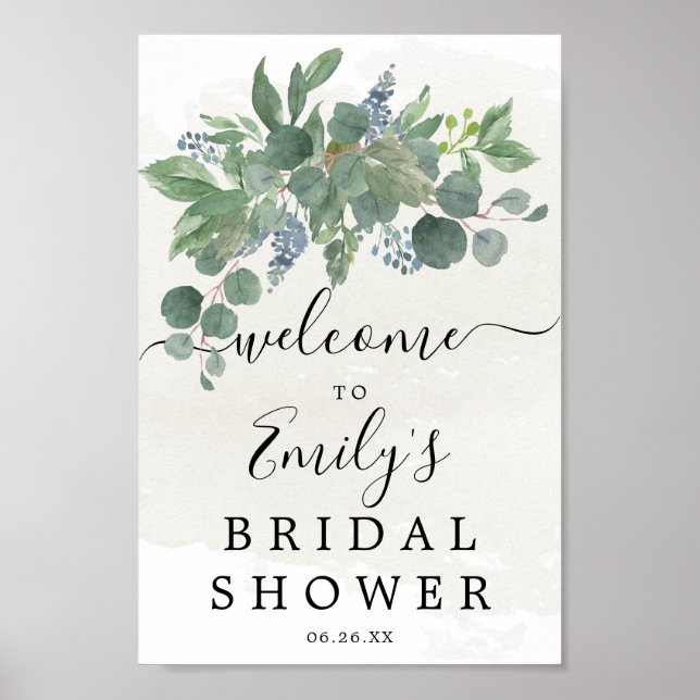 Dusty Blue Eucalyptus Bridal Shower Welcome Sign (Front)