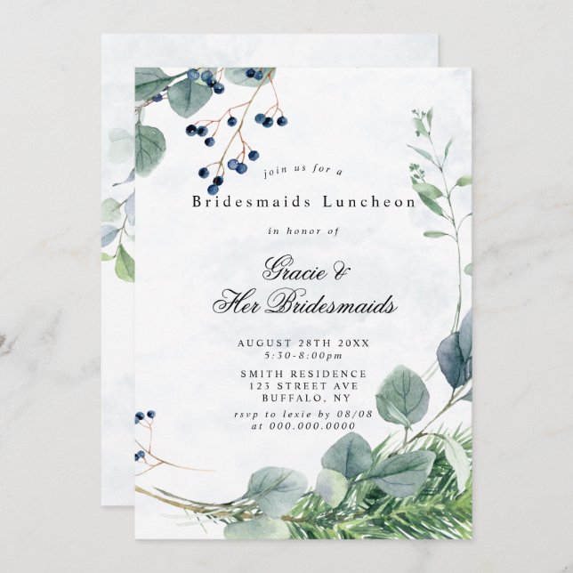 Dusty Blue Eucalyptus Bridesmaids Luncheon Invites (Front/Back)