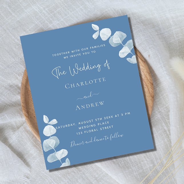 Dusty blue eucalyptus budget wedding invitation (Creator Uploaded)