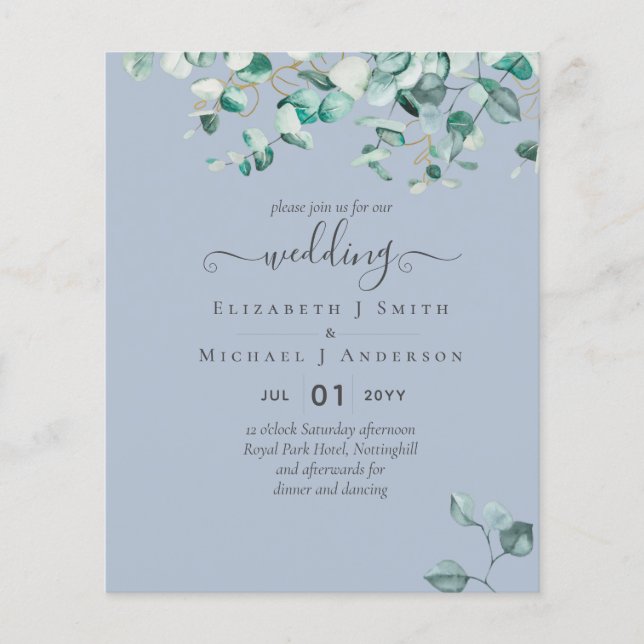 Dusty Blue Eucalyptus BUDGET Wedding Invitation Flyer (Front)