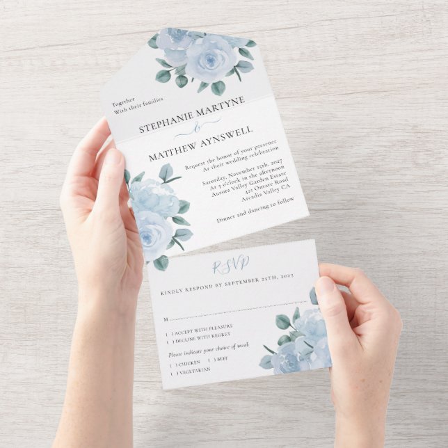 Dusty Blue Eucalyptus Elegant Floral Wedding All In One Invitation (Tearaway)
