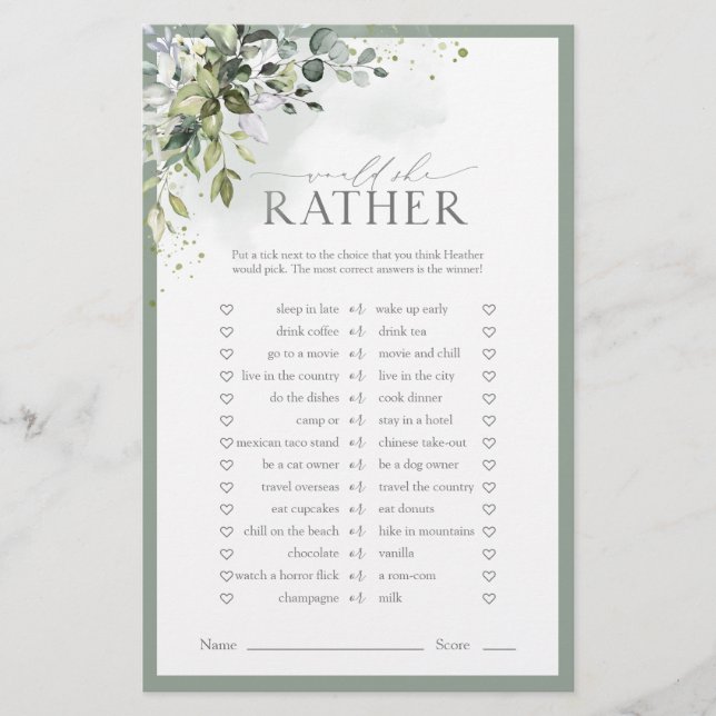 Dusty Blue Eucalyptus Floral Bridal Shower Game (Front)