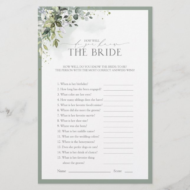 Dusty Blue Eucalyptus Floral Bridal Shower Game (Front)