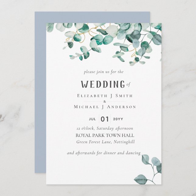 Dusty Blue Eucalyptus Greenery BUDGET WEDDING Invitation (Front/Back)