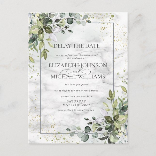 Dusty Blue Eucalyptus Greenery Marble Delay Date Postcard (Front)